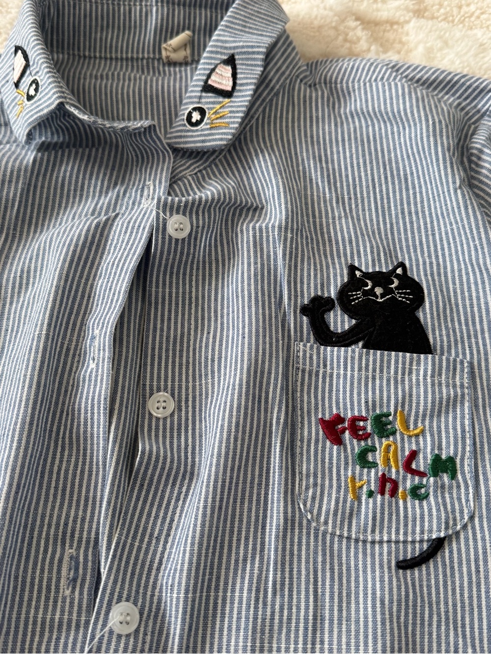 Striped Blue Button-Down Shirt with Cat Pocket Embroidery